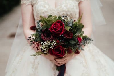 Artificial Burgundy Red Bridal Bouquet – Winter Wedding Bouquet -Red Rose and Navy Wedding Flowers