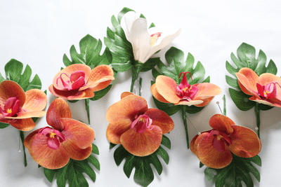 Artificial Burnt Orange Orchid Boutonniere - Tropical Orange Wedding Buttonhole - Orchid Buttonhole