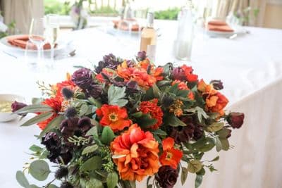 Artificial Burnt Orange Plum Flower Arrangement - Autumn Orange Purple Flower Centrepiece