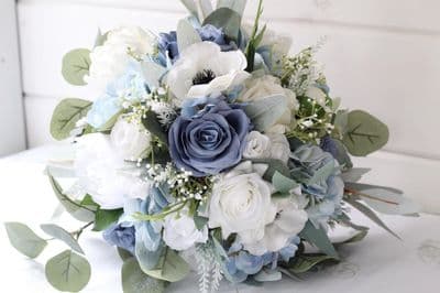 Artificial Dusty Blue and White Bridal Bouquet – Dusty Blue Winter Wedding Flowers – Faux Rose Brida