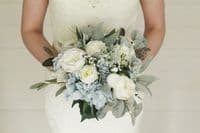Artificial Dusty Blue Bridal Bouquet – Powder Blue, White Rose Wedding Flowers for Summer Bride