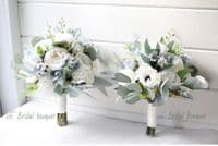Artificial Dusty Blue Bridal Bouquet – Powder Blue, White Rose Wedding Flowers for Summer Bride
