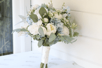 Artificial Dusty Blue Bridal Bouquet – Powder Blue, White Rose Wedding Flowers for Summer Bride