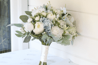 Artificial Dusty Blue Bridal Bouquet – Powder Blue, White Rose Wedding Flowers for Summer Bride