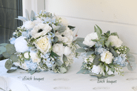 Artificial Dusty Blue Bridal Bouquet – Powder Blue, White Rose Wedding Flowers for Summer Bride