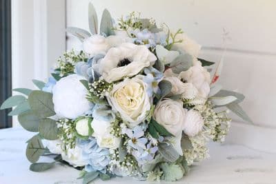 Artificial Dusty Blue Bridal Bouquet – Powder Blue, White Rose Wedding Flowers for Summer Bride