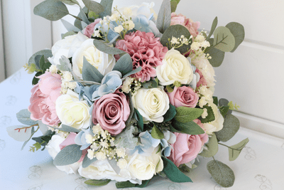 Artificial Dusty Pink and Dusty Blue Bridal Bouquet – Ivory and Blue Faux Wedding Flowers