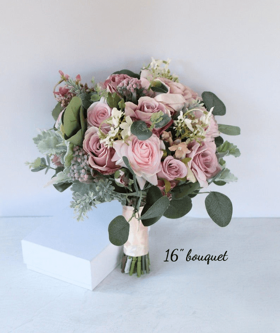 Artificial Dusty Pink and Mauve Bridal Bouquet – Artificial Blush Rose Wedding Flowers