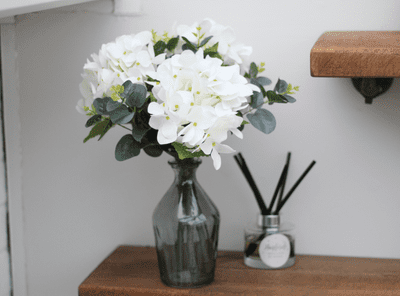 Artificial Ivory Hydrangea Eucalyptus Bottle Vase Arrangement