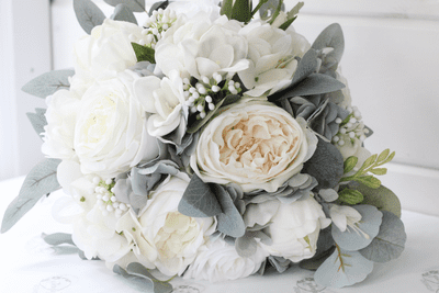 Artificial Ivory Rose Wedding Bouquet –Faux  Blue and White Bridal Flowers