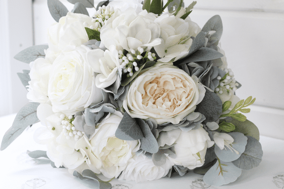 Artificial Ivory Rose Wedding Bouquet –Faux  Blue and White Bridal Flowers