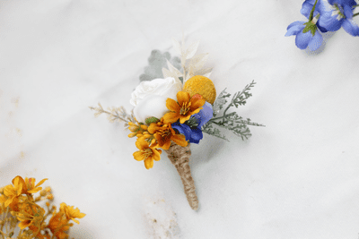 Artificial Mustard Yellow, White, Blue Rose Wedding Buttonhole