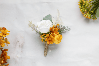 Artificial Mustard Yellow, White Rose Buttonhole