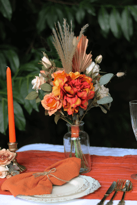 Artificial Orange Hand Tied Bouquet Arrangement - Autumn Orange Rose Bottle Vase Arrangement