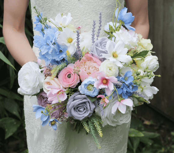 Artificial Pastel Wedding Bouquet – Lilac, Pink, Blue & Yellow  -Pastel Wedding Flowers