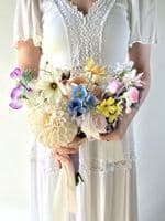 Artificial Pastel Yellow, White, Bridal Bouquet - Pink, Blue, Peach & Lavender Wedding Flowers