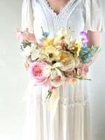 Artificial Pastel Yellow, White, Bridal Bouquet - Pink, Blue, Peach & Lavender Wedding Flowers