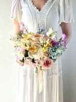 Artificial Pastel Yellow, White, Bridal Bouquet - Pink, Blue, Peach & Lavender Wedding Flowers