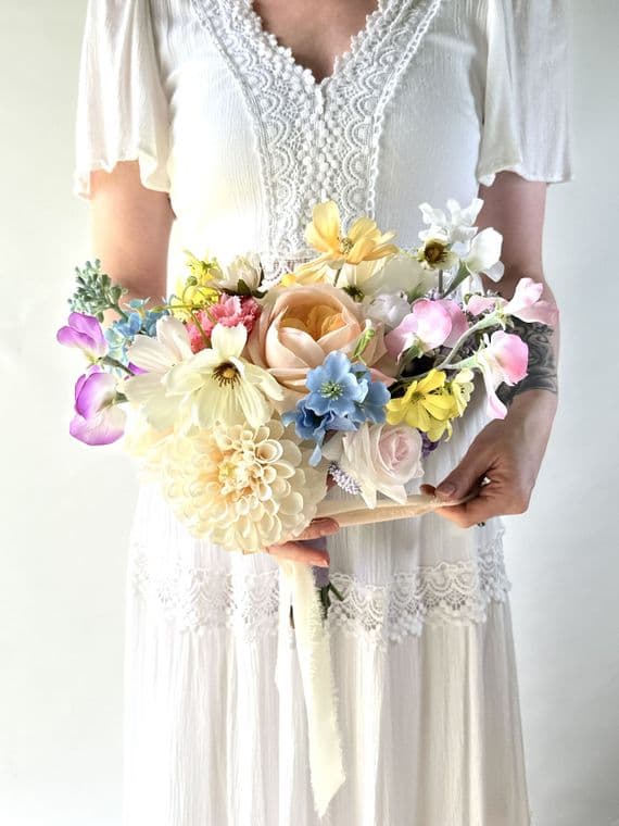 Artificial Pastel Yellow, White, Bridal Bouquet - Pink, Blue, Peach & Lavender Wedding Flowers