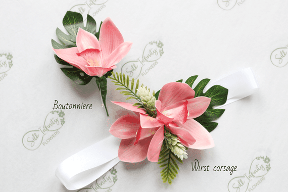 Artificial Pink Orchid Corsage - Tropical Orchid Boutonniere - Pink Orchid Corsage