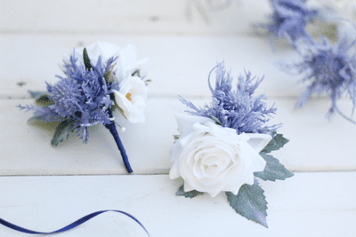 Artificial Rose Blue Thistle Buttonhole - Scottish Thistle And Rose Boutonniere