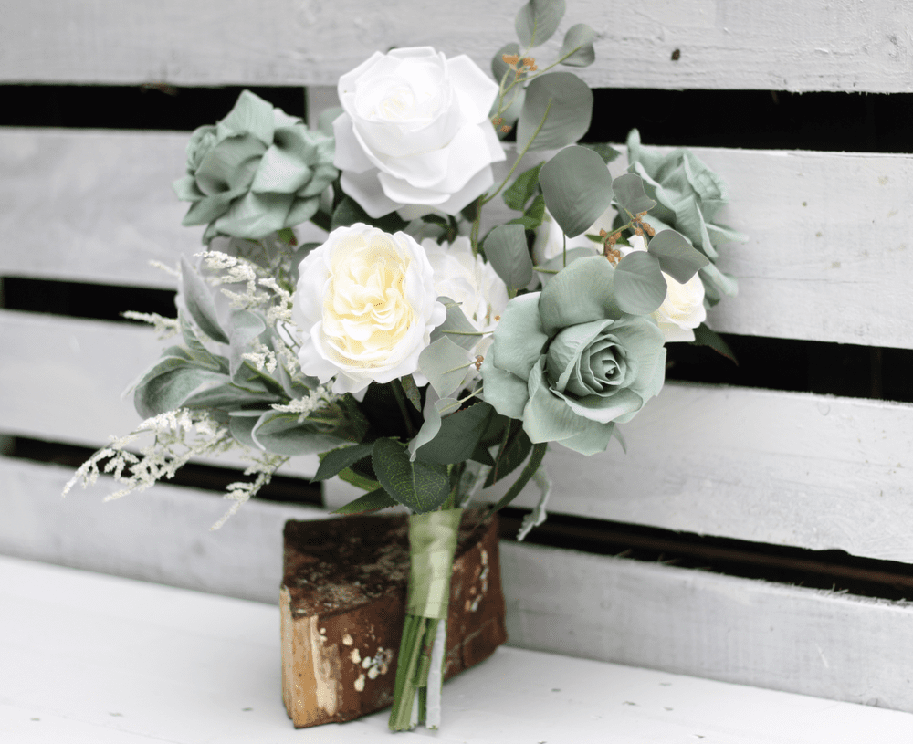 Artificial Sage Green Rose Bouquet White and Sage Green Rose Wedding