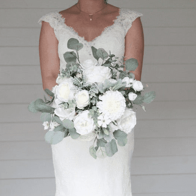 Artificial White Ivory Bridal Bouquet – Sage Green Wedding Flowers with Silk Roses