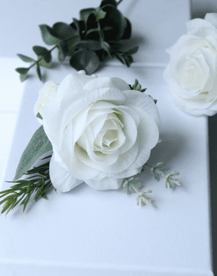 Artificial White Rose Boutonniere - Real Touch Ivory Rose Wedding Boutonniere