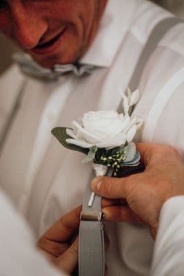 Artificial White Rose  Wedding Buttonhole - Dusty Blue Flower Boutonniere - Grooms Rose Buttonhole