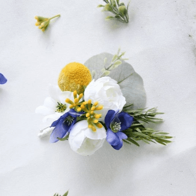 Aurora Artificial Blue Yellow Flower Boutonniere - White Rose Wedding Buttonhole- Spring Buttonhole