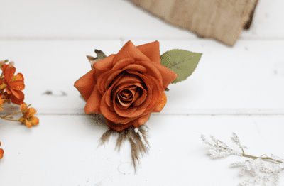 Autumn Artificial Burnt Orange Buttonhole - Grooms Orange Rose Wedding Boutonniere  -Rose Buttonhole