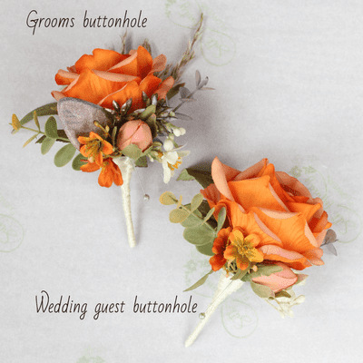 Autumn Artificial Orange Rose Wedding Buttonhole - Rose Boutonniere for Groom - Autumn Buttonhole