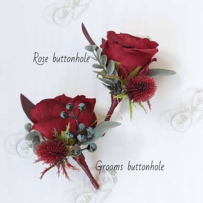 Bianca Artificial Burgundy Rose Buttonhole - Winter Red Rose Boutonniere - Grooms Rose Buttonhole
