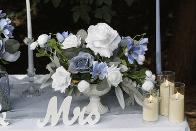 Bleu Artificial White Flower vase Arrangement - Dusty Blue Flower Arrangement - Wedding Centrepiece