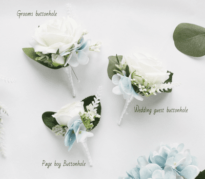 Bleu White Ivory Rose Buttonhole - Dusty Blue Rose Boutonniere - Grooms Buttonhole