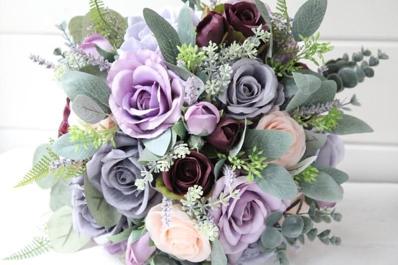 Blush and Lavender Rose Bridal Bouquet Artificial Grey & Purple Wedding ...