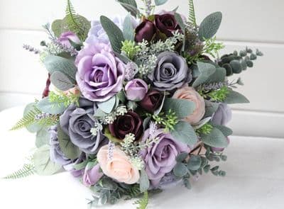 Blush and Lavender Rose Bridal Bouquet – Artificial Grey & Purple Wedding Flowers