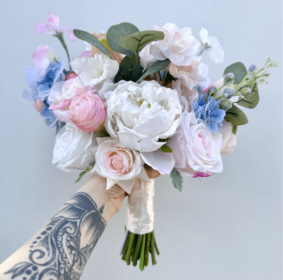 Blush Pink Ivory Blue Bridal Bouquet, Faux Wedding Flowers UK