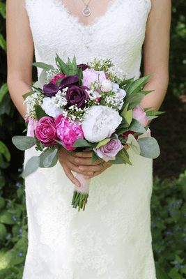Blush Pink & Plum Artificial Bridal Bouquet – Roses & Peonies