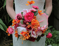 Bold & Bright Pink, Red, and Orange Wedding Bouquet – Hot Pink Retro Modern Bridal Flowers
