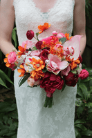 Bold & Bright Pink, Red, and Orange Wedding Bouquet – Hot Pink Retro Modern Bridal Flowers
