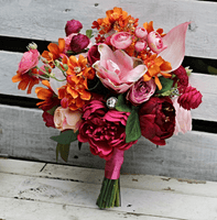 Bold & Bright Pink, Red, and Orange Wedding Bouquet – Hot Pink Retro Modern Bridal Flowers