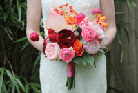 Bold & Bright Pink, Red, and Orange Wedding Bouquet – Hot Pink Retro Modern Bridal Flowers