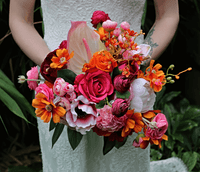 Bold & Bright Pink, Red, and Orange Wedding Bouquet – Hot Pink Retro Modern Bridal Flowers