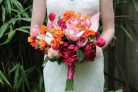 Bold & Bright Pink, Red, and Orange Wedding Bouquet – Hot Pink Retro Modern Bridal Flowers