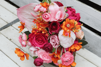 Bold & Bright Pink, Red, and Orange Wedding Bouquet – Hot Pink Retro Modern Bridal Flowers