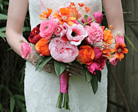 Bold & Bright Pink, Red, and Orange Wedding Bouquet – Hot Pink Retro Modern Bridal Flowers