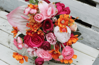 Bold & Bright Pink, Red, and Orange Wedding Bouquet – Hot Pink Retro Modern Bridal Flowers