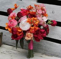 Bold & Bright Pink, Red, and Orange Wedding Bouquet – Hot Pink Retro Modern Bridal Flowers