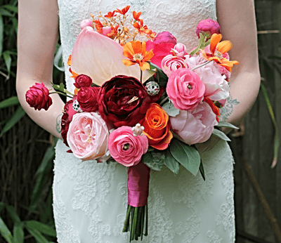Bold & Bright Pink, Red, and Orange Wedding Bouquet – Hot Pink Retro Modern Bridal Flowers